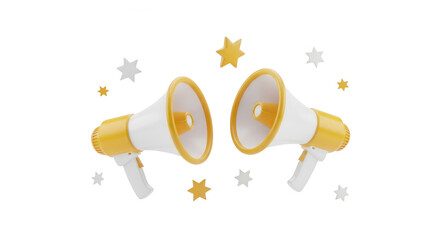 Bright white and yellow megaphones announcing important news with festive stars