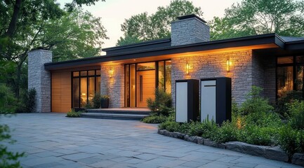 modern single story stone and wood house with large windows, warm exterior lights, paved driveway, landscaped shrubs and trees, inviting tranquil evening glow