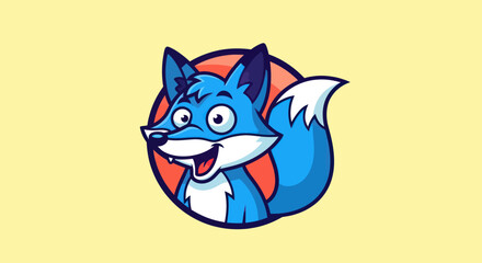 Obraz premium Cartoon Blue Fox Mascot with Goofy Expression and Circular Backdrop.