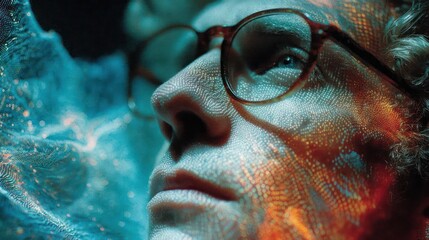 Abstract Portrait of a Man with Glasses and Digital Overlay, Futuristic and Artistic