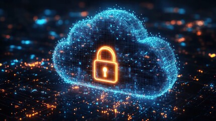 Futuristic glowing digital cloud made of blue light particles with an orange illuminated padlock hovering above a lit circuit board, conveying cybersecurity and data protection