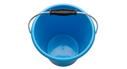 Empty blue plastic bucket with metal handle, a versatile container for various household tasks, isolated on transparent background