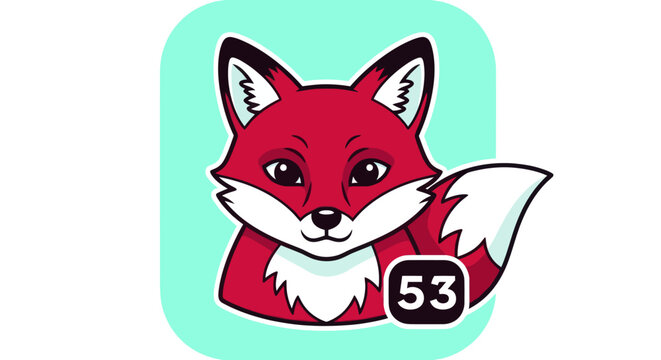 Cartoon Fox Illustration with Number 53 Badge on Light Blue Background.