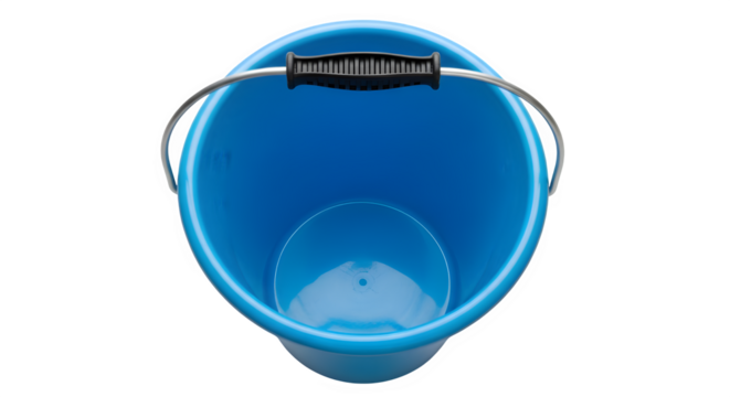 Empty blue plastic bucket with metal handle, a versatile container for various household tasks, isolated on transparent background