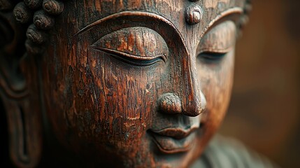 Serene Wooden Buddha Statue Close-Up of a Peaceful Face