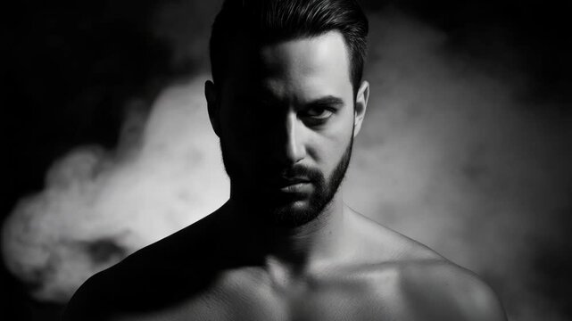 Black and white portrait of a serious bearded adult male with an intense gaze. Masculinity and confidence concept with dramatic lighting and smoke on a dark background
