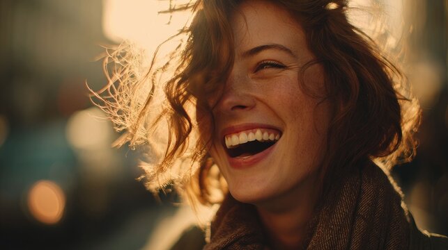 Candid outdoor laughter moment urban street portrait photography golden hour close-up capture of joy