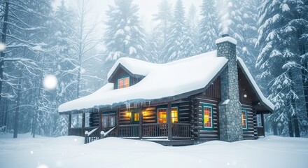 Wooden cabin nestled deeply within a snowy forest setting emits warm light through its windows