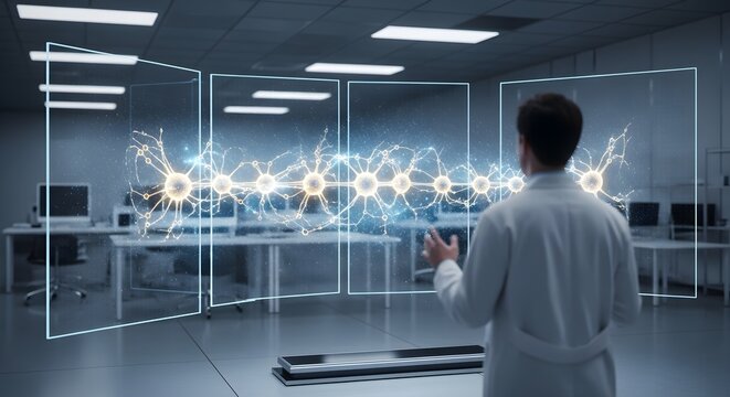Scientist or medical researcher analyzing a holographic neural network on a futuristic augmented reality interface in a modern laboratory.