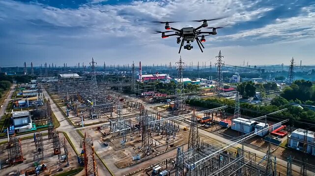 Aerial view of a drone surveying an industrial power station with transmission lines and machinery