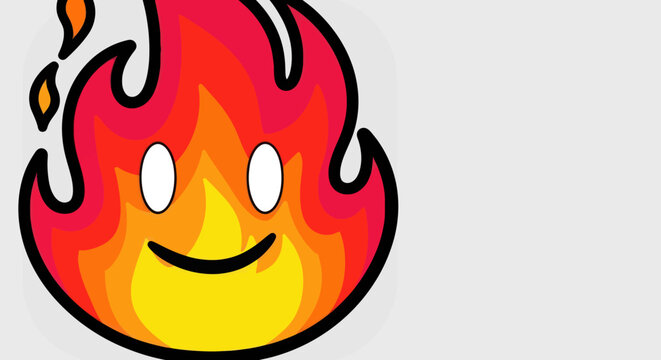 Cheerful cartoon flame character with a smiling face and bright colors.