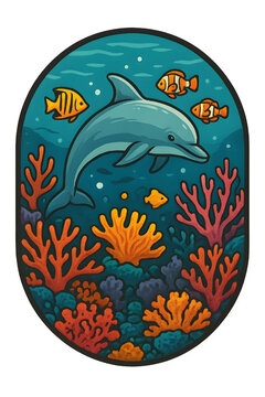 Vibrant Underwater Dolphin and Coral Reef Illustration in Oval Vintage Style