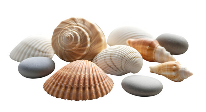 Collection of sea shells and pebbles isolated on transparent background, a reminder of summer