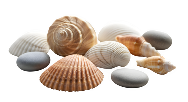 Collection of sea shells and pebbles isolated on transparent background, a reminder of summer