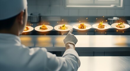 Chef in professional kitchen using a futuristic holographic interface to analyze gourmet food dishes.