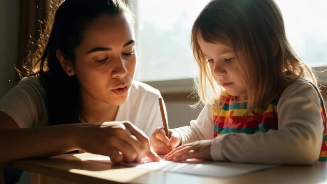 Caring hispanic mother teaching her young daughter to write with a pencil at a sunlit desk. Homeschooling and early childhood development with private tutoring at home