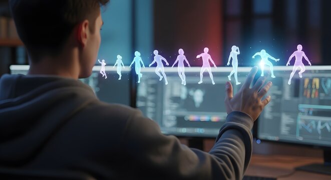 Game developer or 3D artist analyzing holographic character models with an augmented reality interface. - Powered by Adobe