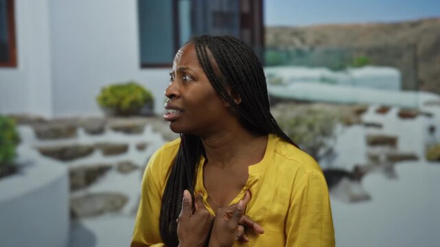 Woman outdoors in urban setting with yellow shirt showing surprised expression near stone steps and plants.