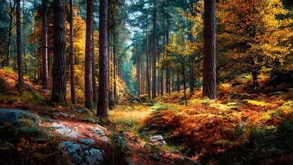 Obraz premium Enchanting Forest Path With Tall Pine Trees Sunlight Beams Through Foliage and Ferns on Ground Autumnal Landscape Scenic Nature Environment and Outdoors View