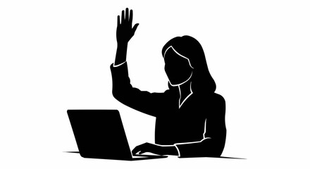 Silhouette of a woman with a laptop raising her hand to ask a question.
