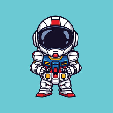 A cute chibi astronaut character wearing a white, red, and blue suit, standing against a light blue background.