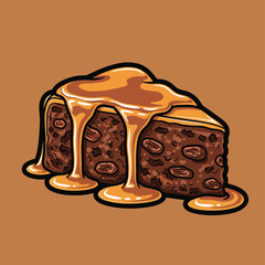 A cartoon illustration of a rich, dark cake slice generously covered in dripping golden caramel sauce, with a solid brown background.