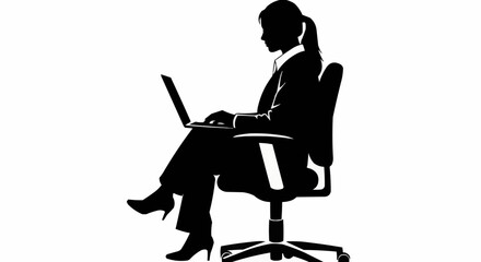 Silhouette of a businesswoman working on a laptop in an office chair.