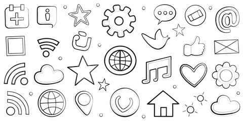 Collection of hand drawn social media and communication icons on a white background