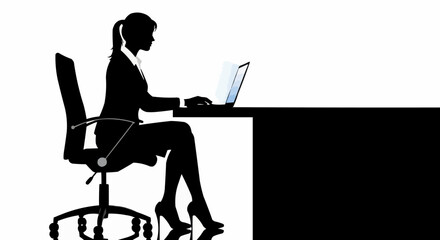Silhouette of a businesswoman working on a laptop at her desk.