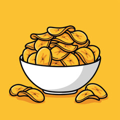 A vibrant cartoon illustration of a white bowl overflowing with crispy golden banana chips, set against a bright yellow background.