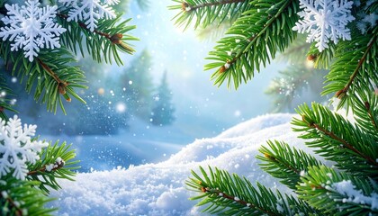 A serene snowy valley framed by fir branches and delicate snowflakes, illuminated by soft winter light that enhances the calm and magical seasonal atmosphere.