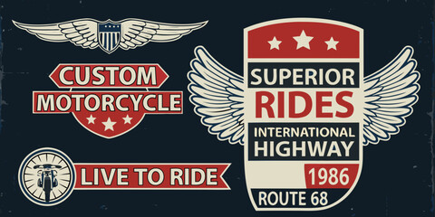 Vintage motorcycle emblem collection with wings and route 66 design elements