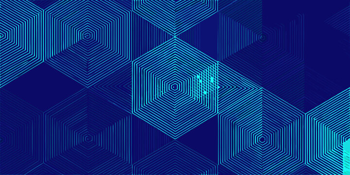Abstract geometric hexagonal pattern with blue lines on a dark blue background - Powered by Adobe