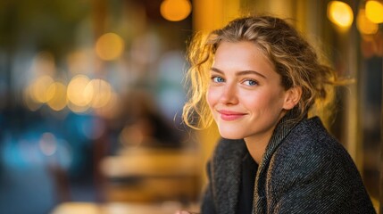 Smiling woman portrait urban street close-up photography warm atmosphere gigapixel quality engaging viewpoint