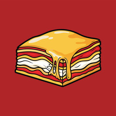 Cartoon illustration of a delicious layered lasagna slice with melted cheese dripping down, on a solid red background.