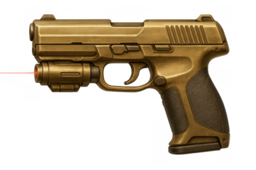 Golden handgun with laser sight aiming, luxury firearm, isolated weapon, military and crime concept