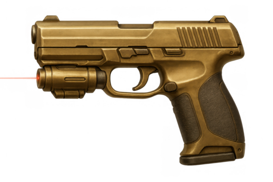 Golden handgun with laser sight aiming, luxury firearm, isolated weapon, military and crime concept