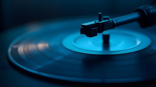 Atmospheric Blue Glow on a Spinning Vinyl Record Player Tonearm