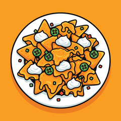 A vibrant cartoon illustration of a plate of cheesy nachos topped with sour cream and jalapeño slices on an orange background, viewed from above.