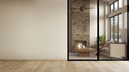 Fototapeta premium White wall on wood parquet floor and living room with sofa and fireplace through glass sliding door.