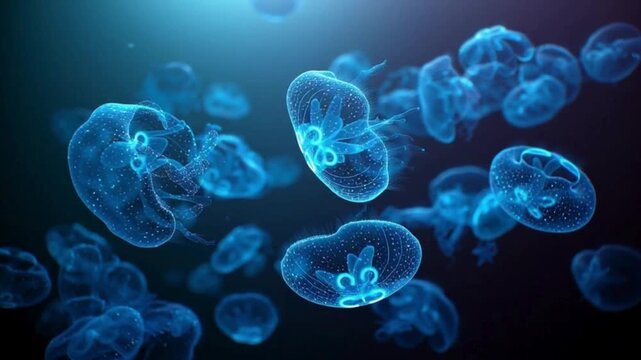 Blue glowing jellyfish swimming gracefully underwater