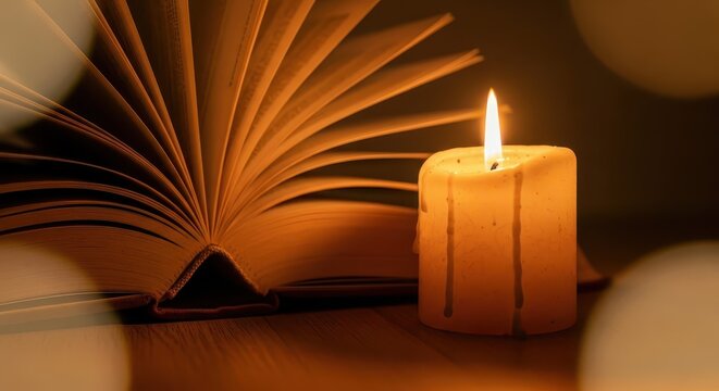 Illumination from a burning candle brightens the pages of an open book in darkness