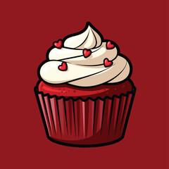 A vibrant illustration of a red velvet cupcake topped with creamy white frosting and small red heart sprinkles, set against a deep red background.