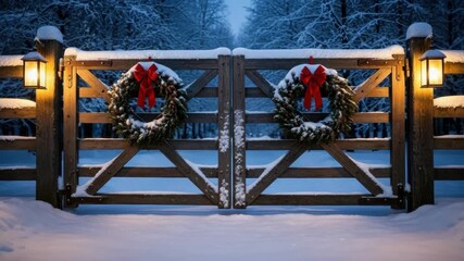 Christmas wreath on a rustic wooden gate in a snowy winter landscape at night. A warm lantern illuminates the festive scene for a holiday greeting card background - Powered by Adobe