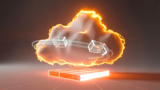 Glowing orange cloud with digital arrows in futuristic technology design
