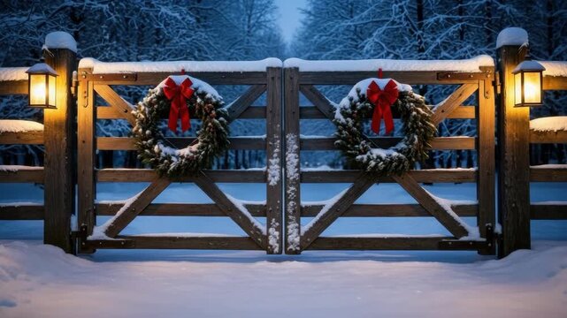 Christmas wreath on a rustic wooden gate in a snowy winter landscape at night. A warm lantern illuminates the festive scene for a holiday greeting card background