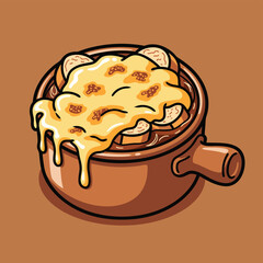 A cartoon illustration of a rustic brown ceramic bowl filled with French onion soup, topped with golden-brown melted cheese and toasted bread croutons, on a solid brown background.