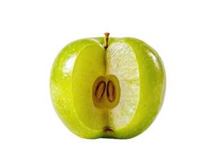 A bright green apple sliced in half, revealing its core and seeds