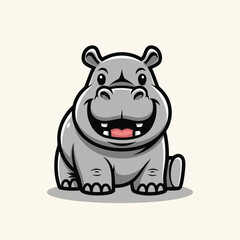 Cute cartoon baby hippopotamus sitting and smiling happily with its mouth open.