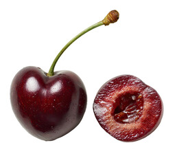 A ripe, dark red cherry, whole and halved, isolated on black